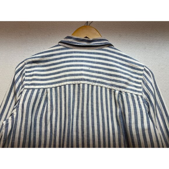 L.L.Bean Women's Linen Button Up Shirt Long Sleeve Size M White Blue Stripe - Picture 12 of 13